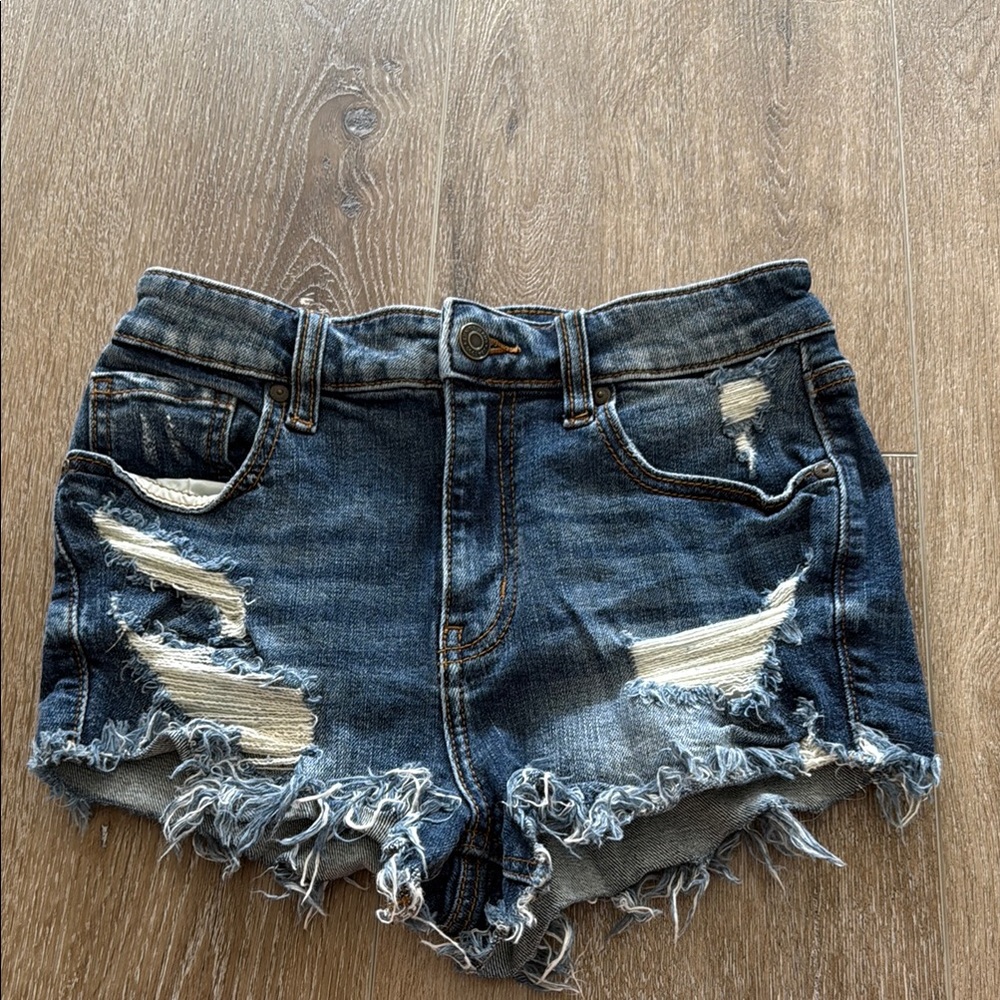 Eunina Blue Distressed Jean Shorts with Frayed Hem